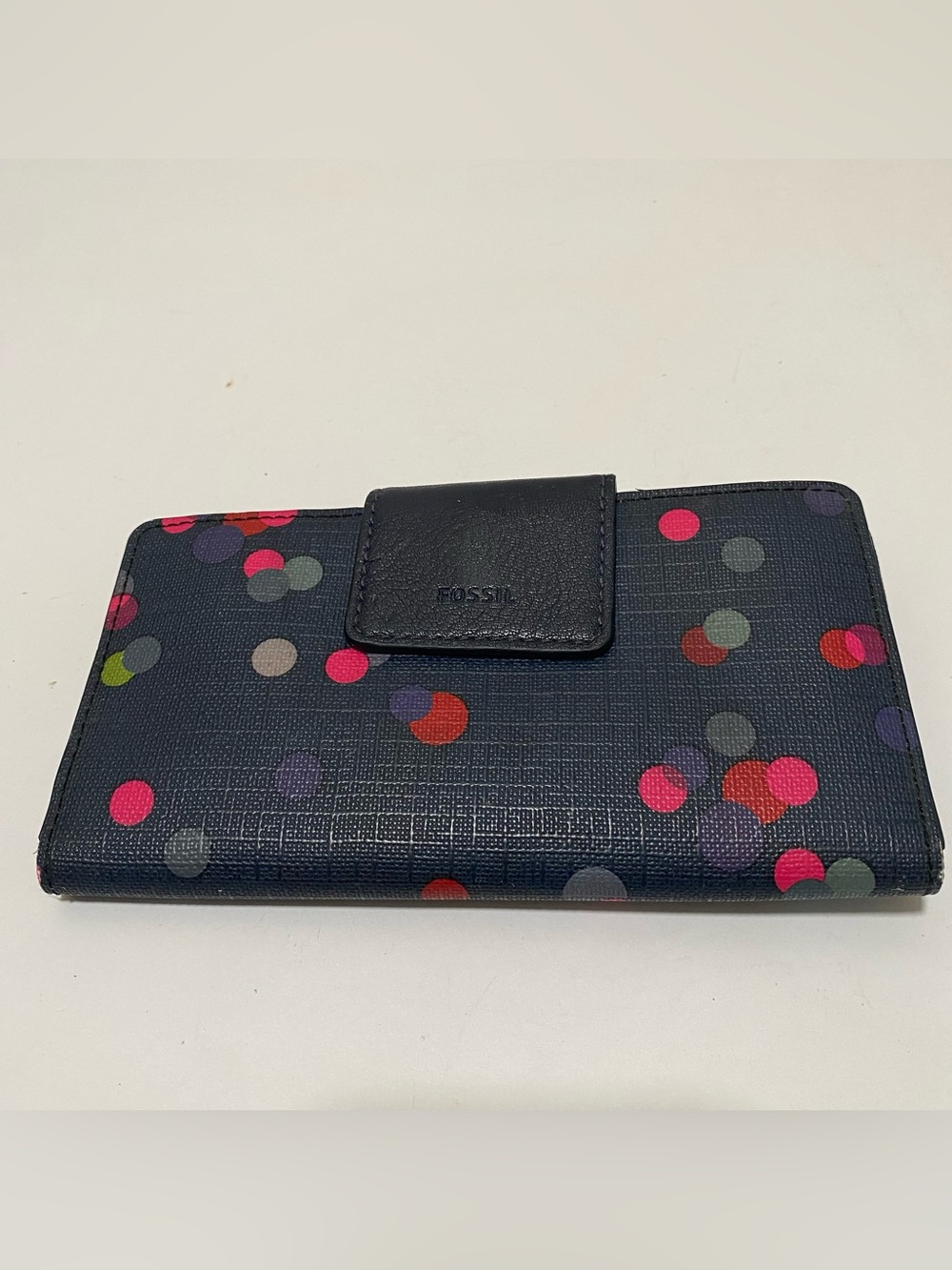 Fossil Navy Confetti Polka Dot Wallet Clutch Leather Snap Zip
